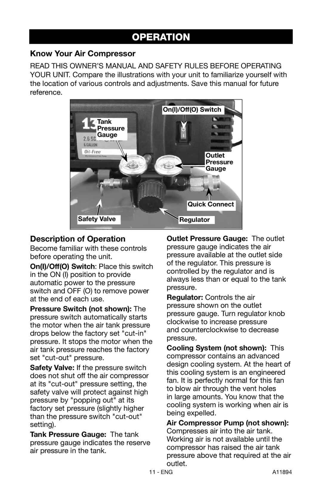 Porter-Cable CFFN251T Know Your Air Compressor, Description of Operation, OnI/OffO Switch Tank Pressure Gauge Outlet 