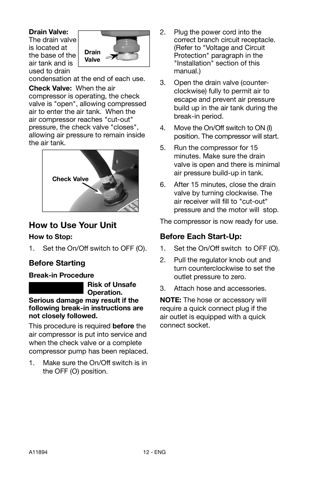 Porter-Cable CFFN251T instruction manual Before Starting, Before Each Start-Up, Drain, Check Valve 