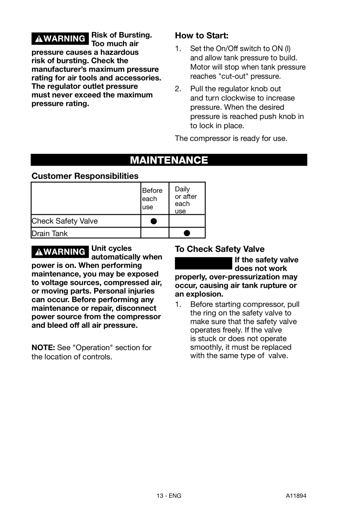 Porter-Cable CFFN251T instruction manual Maintenance, How to Start, Customer Responsibilities, To Check Safety Valve 