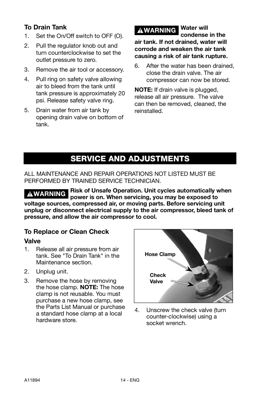 Porter-Cable CFFN251T Service and Adjustments, To Drain Tank, To Replace or Clean Check Valve, Hose Clamp Check Valve 