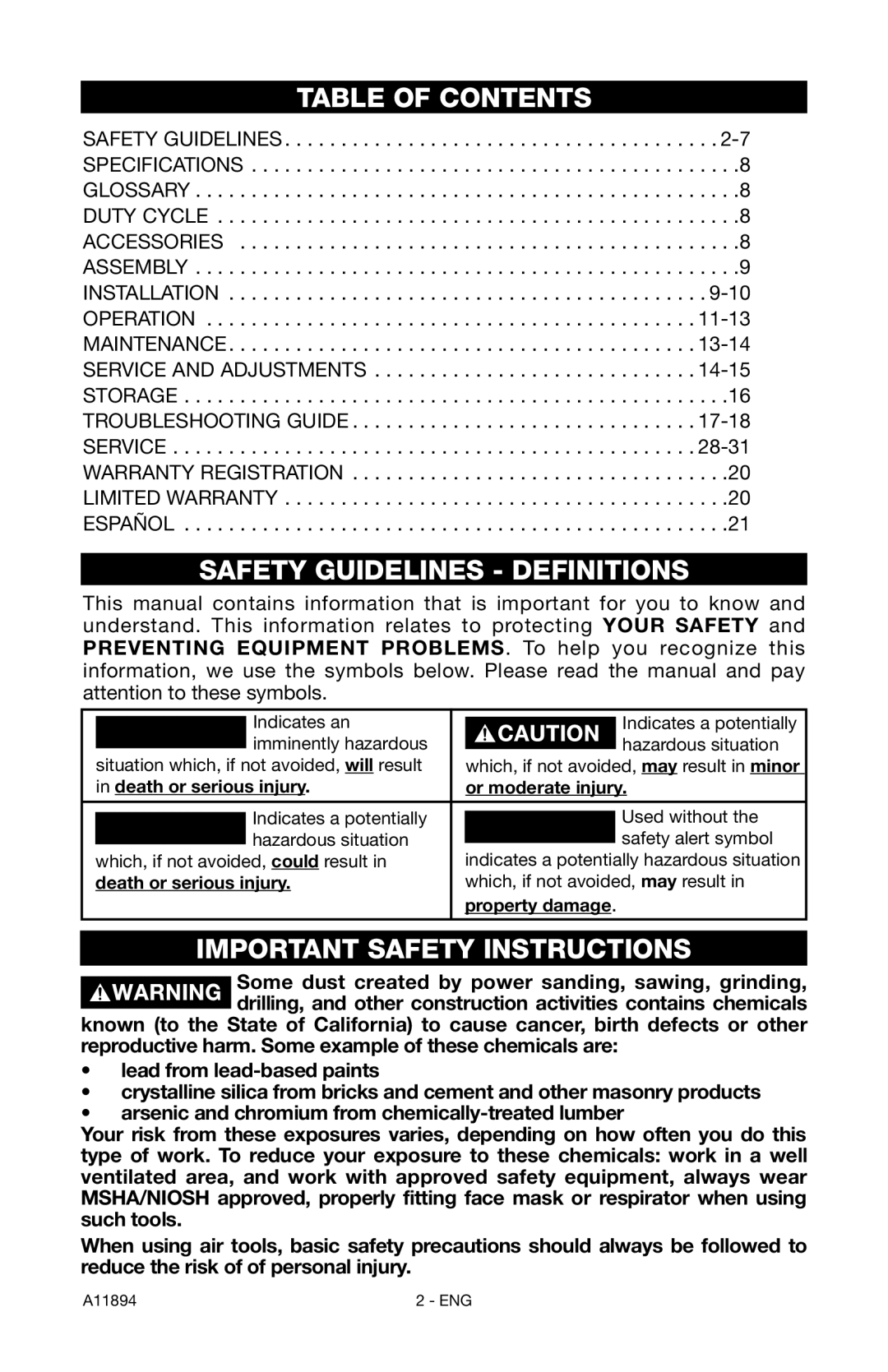 Porter-Cable CFFN251T instruction manual Table of Contents, Safety Guidelines Definitions, Important Safety Instructions 