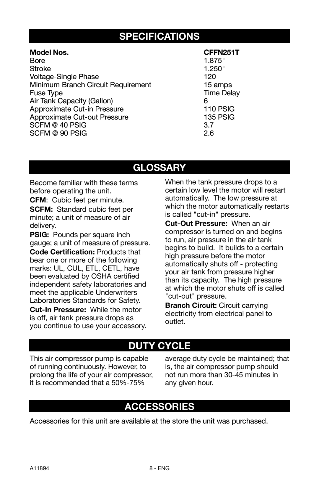 Porter-Cable CFFN251T instruction manual Specifications, Glossary, Duty Cycle, Accessories 