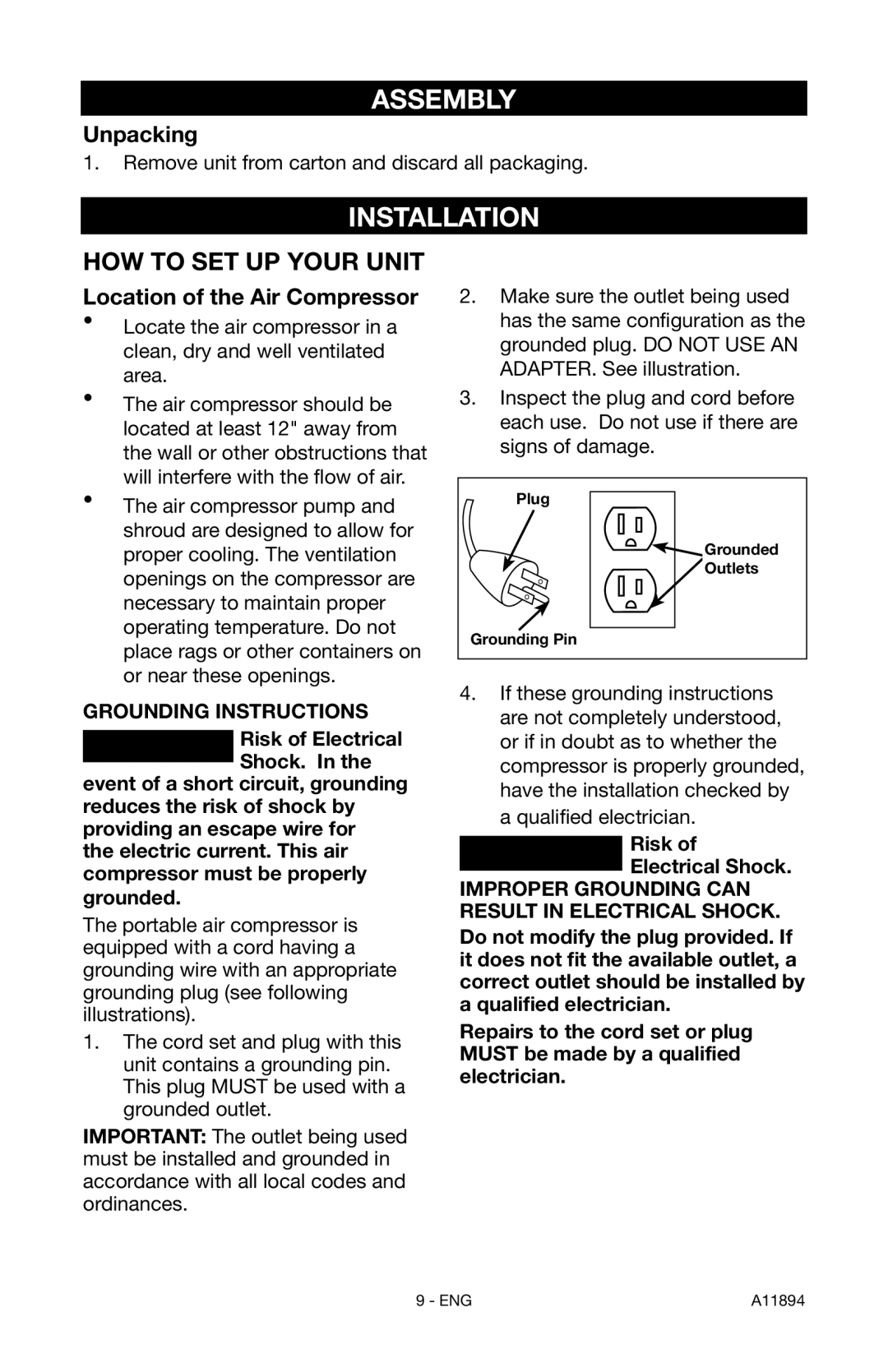 Porter-Cable CFFN251T instruction manual Assembly, Installation, Unpacking, Location of the Air Compressor 