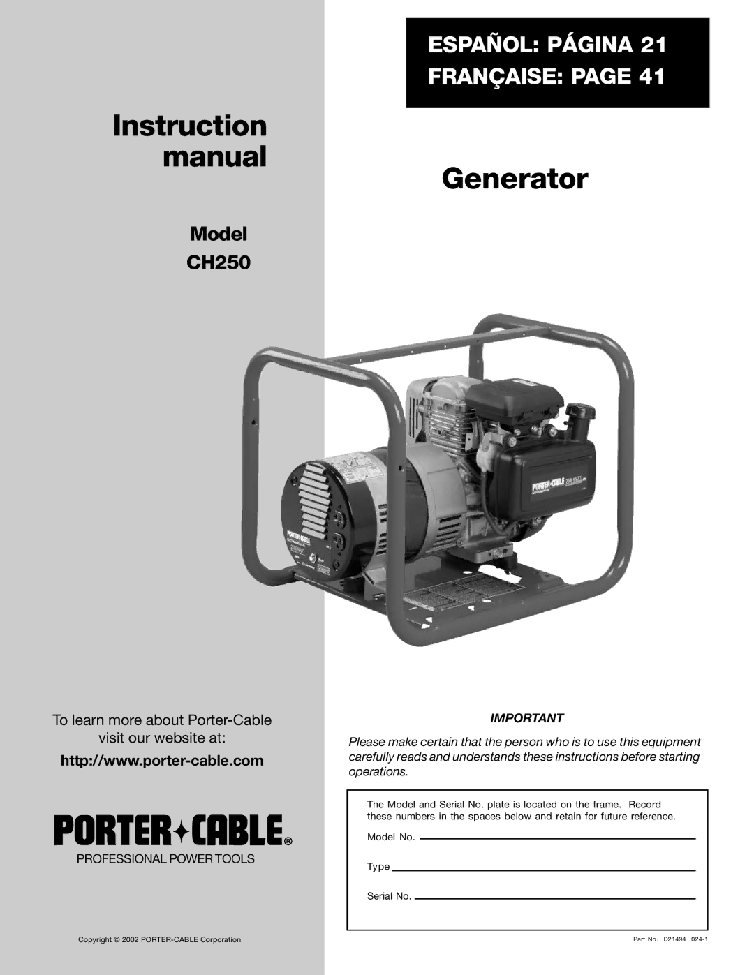 Porter-Cable CH250 instruction manual Instruction Manual Generator 