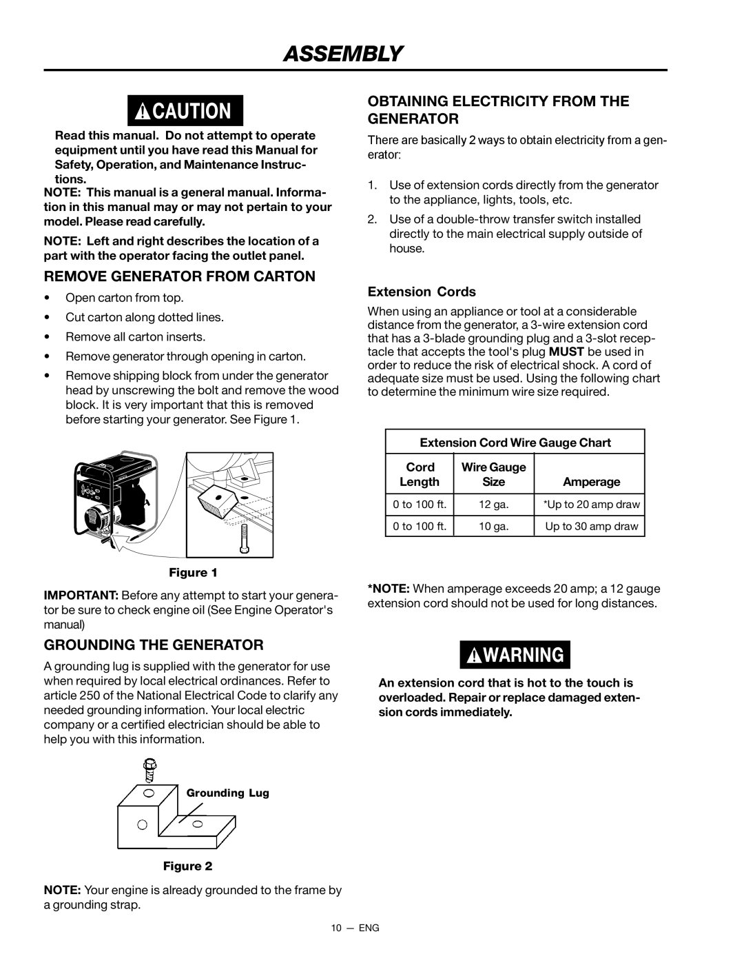 Porter-Cable CH250 instruction manual Assembly, Remove Generator from Carton, Grounding the Generator 