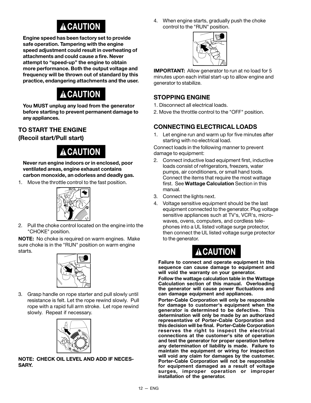 Porter-Cable CH250 instruction manual Stopping Engine, Connecting Electrical Loads 