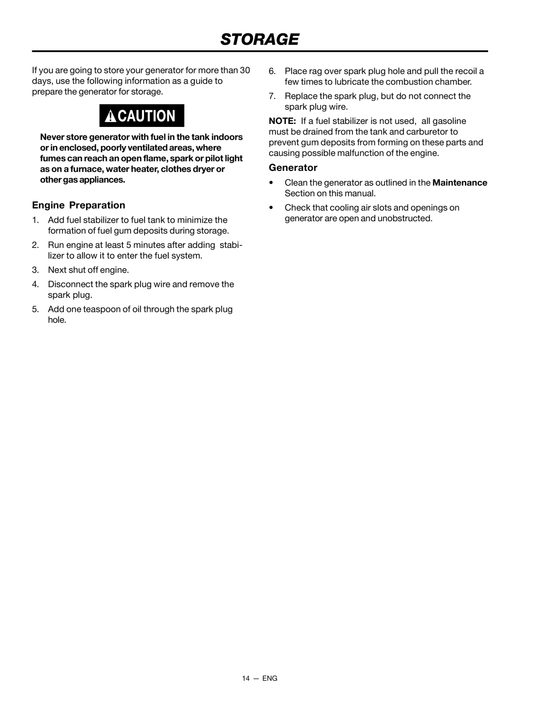 Porter-Cable CH250 instruction manual Storage, Engine Preparation 