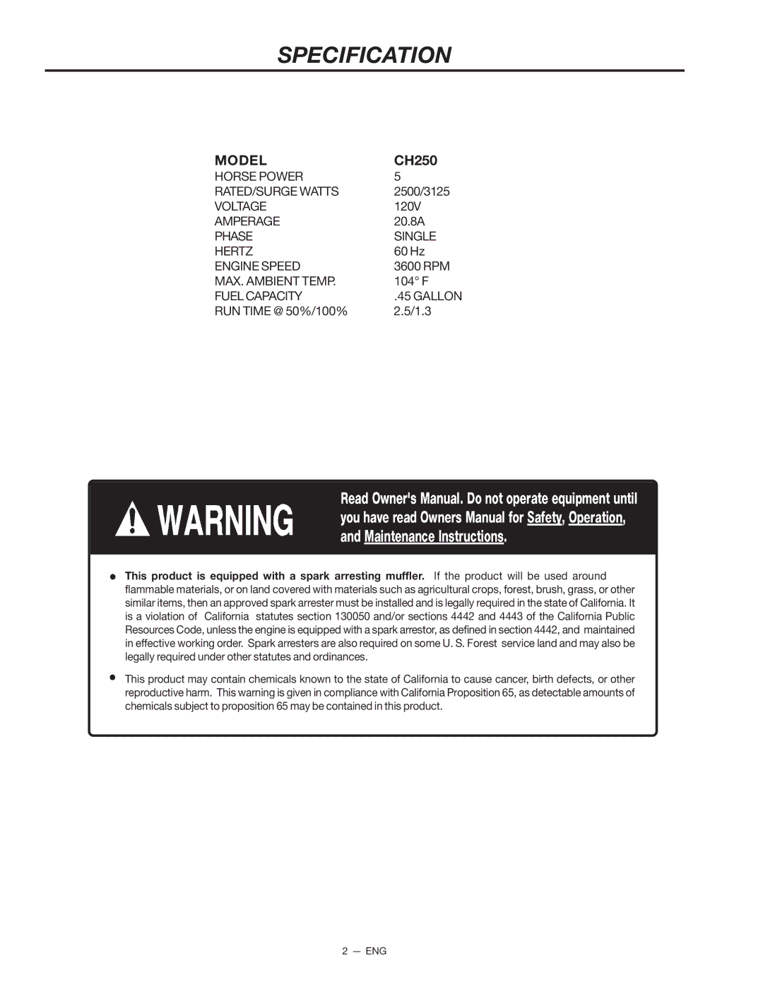 Porter-Cable CH250 instruction manual Specification, Model 