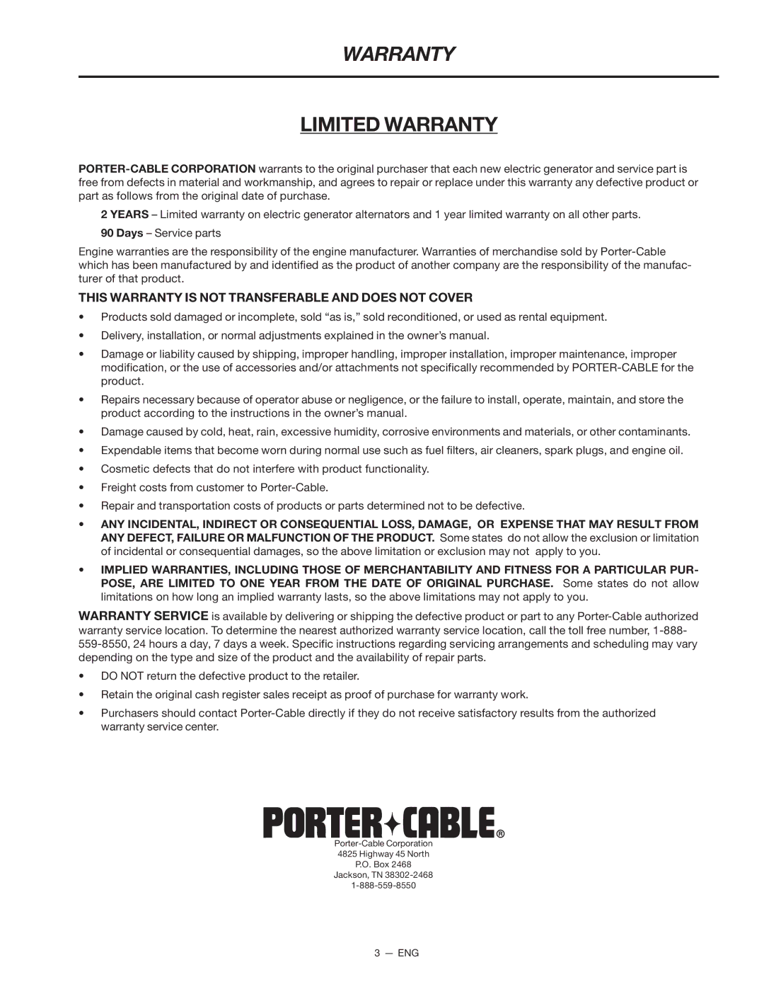 Porter-Cable CH250 instruction manual Warranty 