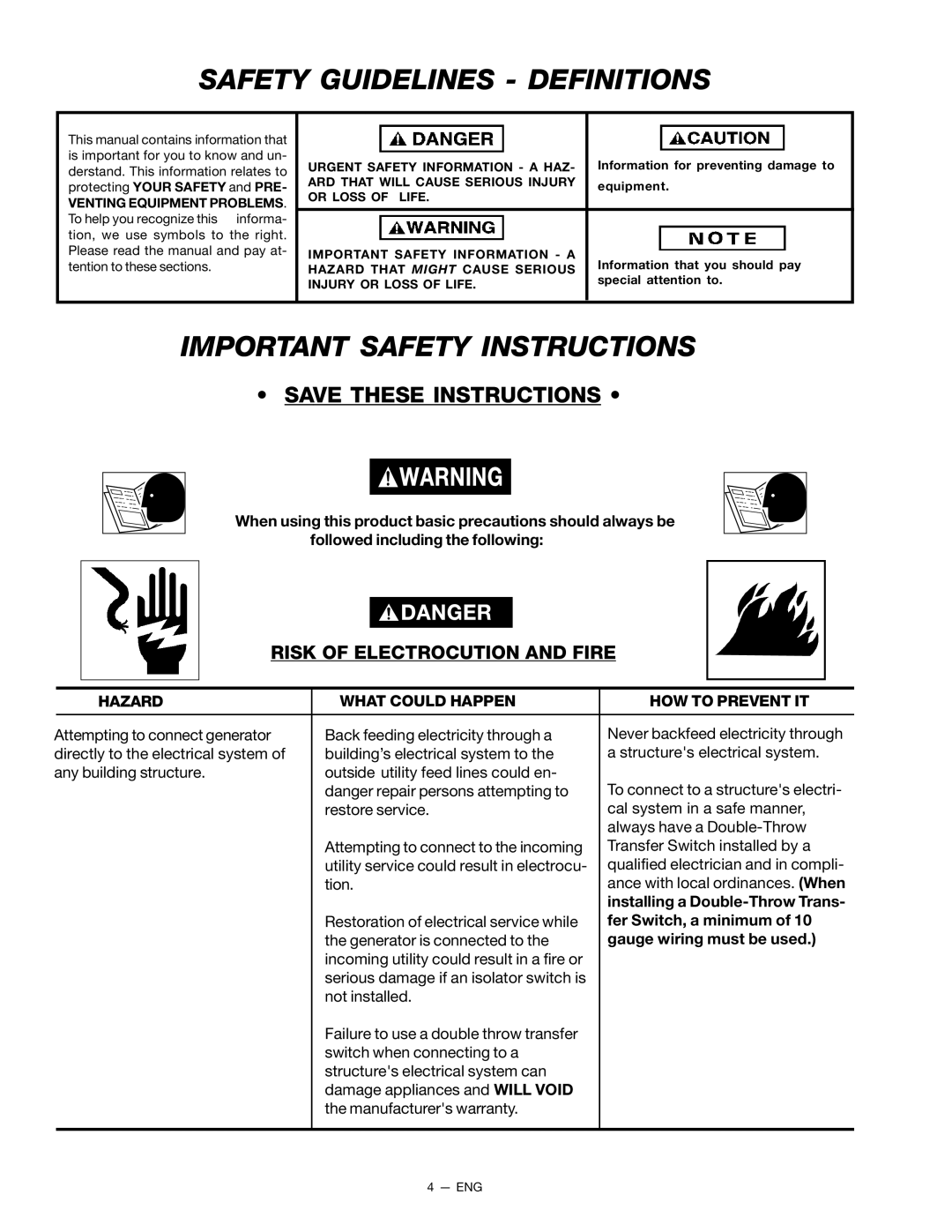 Porter-Cable CH250 Safety Guidelines Definitions, Important Safety Instructions, Risk of Electrocution and Fire 