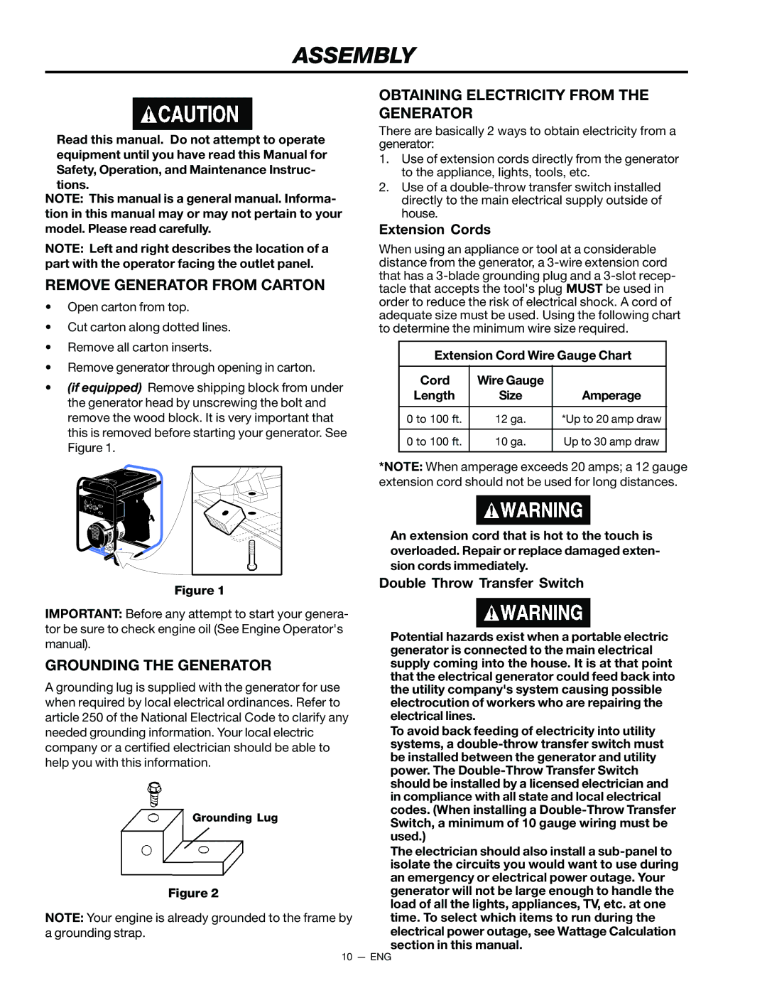 Porter-Cable H450CS, CH350CS, H650CS instruction manual Assembly, Remove Generator from Carton, Grounding the Generator 