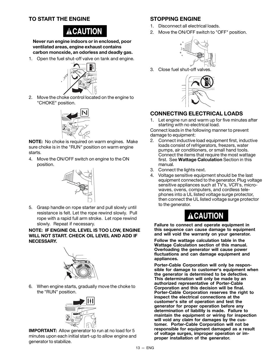 Porter-Cable H450CS, CH350CS, H650CS instruction manual To Start the Engine, Stopping Engine, Connecting Electrical Loads 