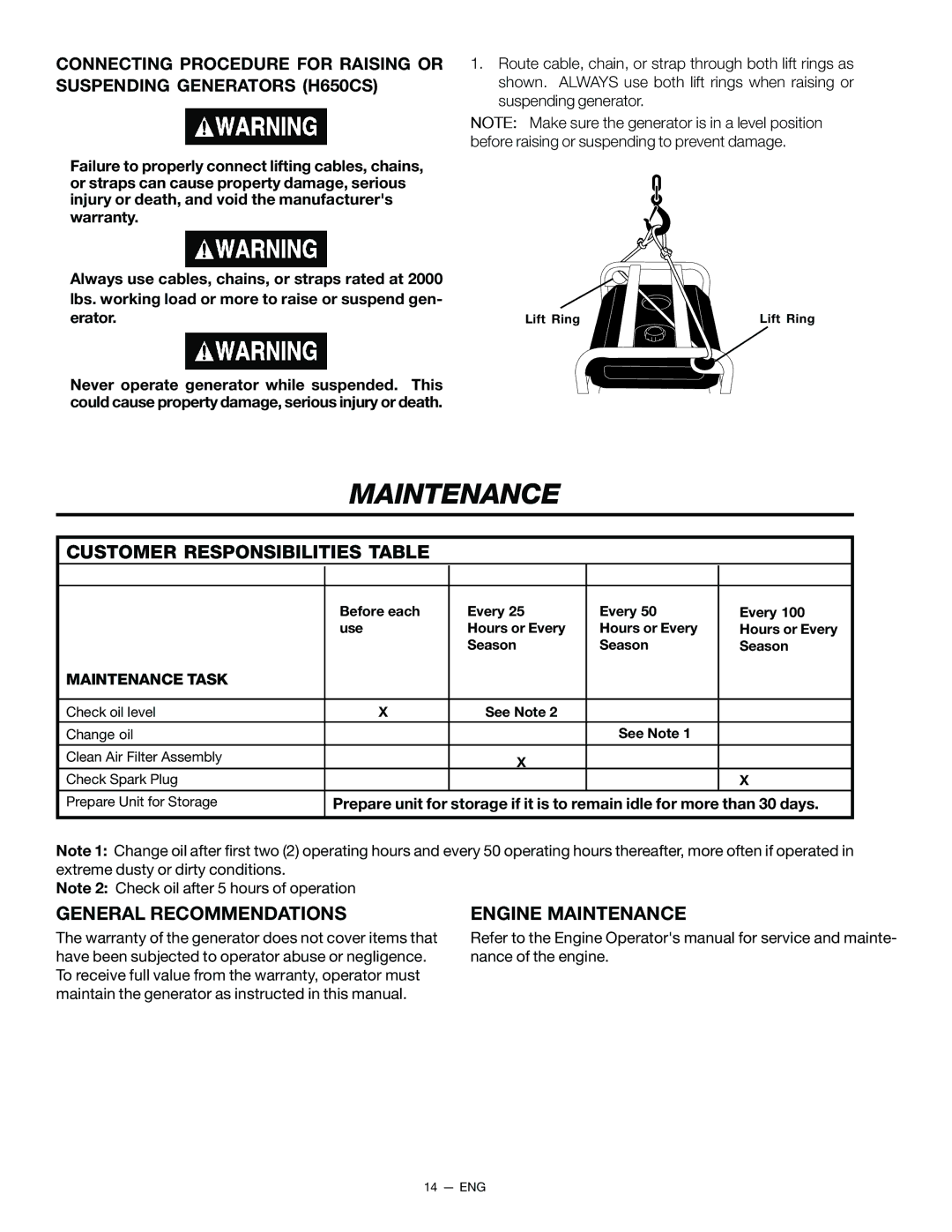 Porter-Cable CH350CS Customer Responsibilities Table, General Recommendations Engine Maintenance, Maintenance Task 