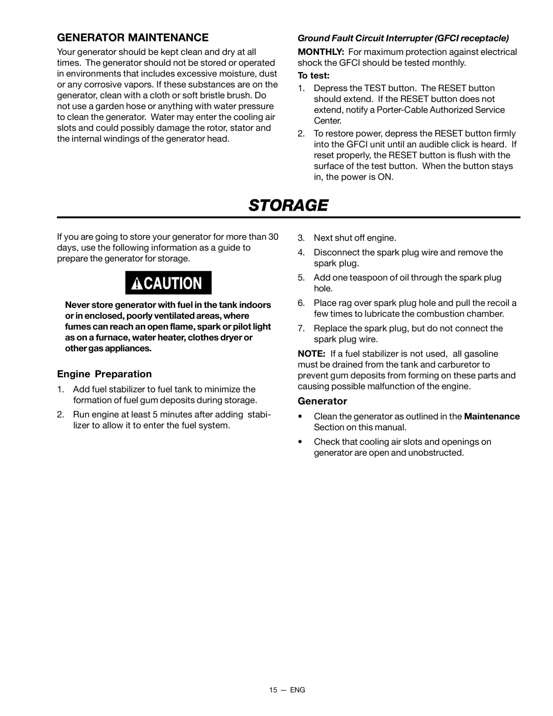 Porter-Cable H450CS, CH350CS, H650CS instruction manual Storage, Generator Maintenance, To test 