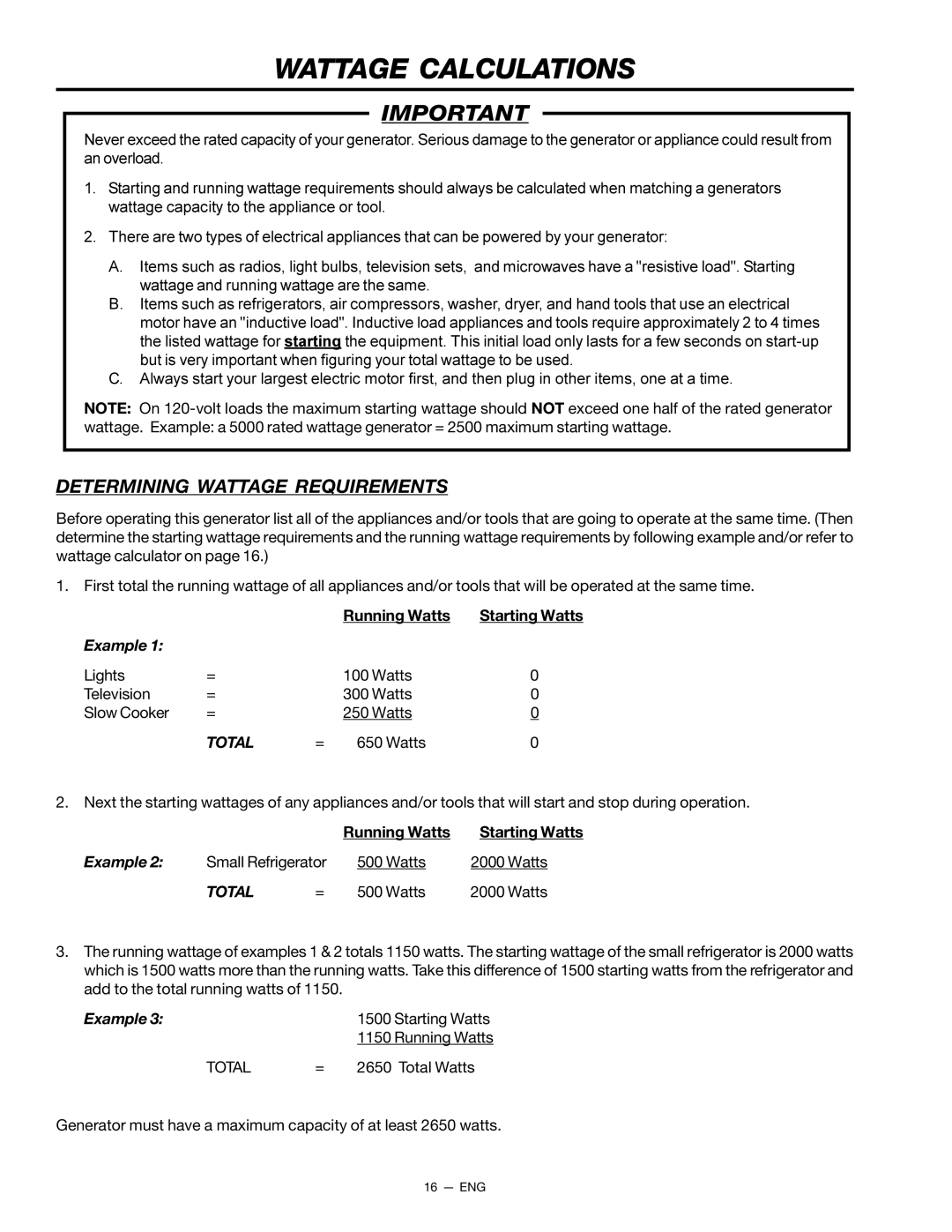 Porter-Cable H450CS, CH350CS, H650CS instruction manual Wattage Calculations, Running Watts Starting Watts 