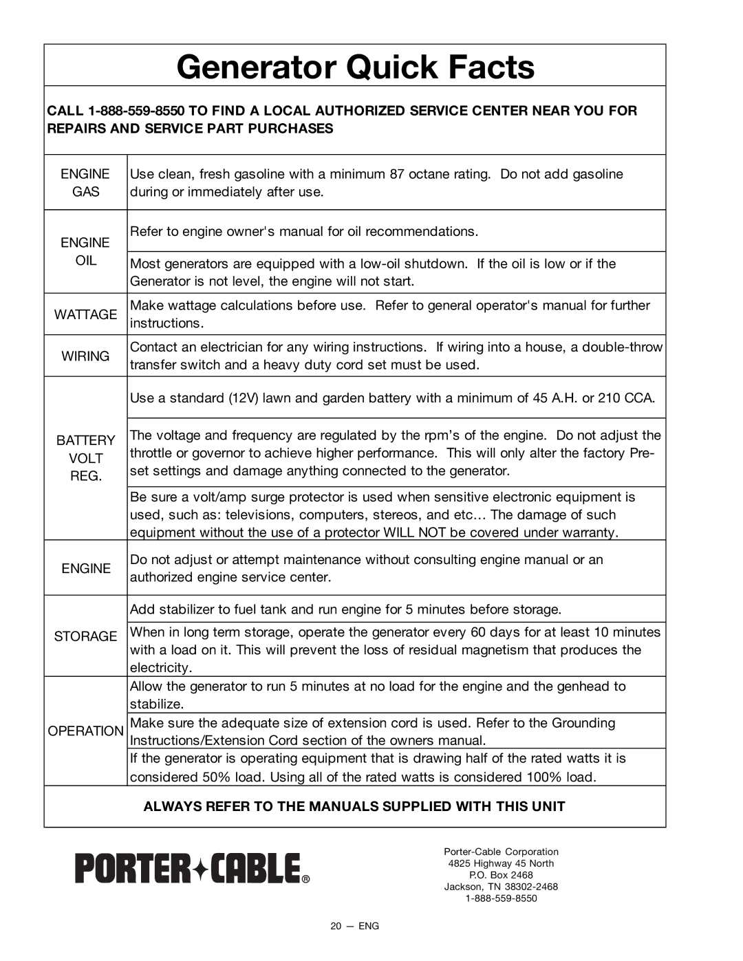 Porter-Cable H450CS, CH350CS, H650CS instruction manual Generator Quick Facts 