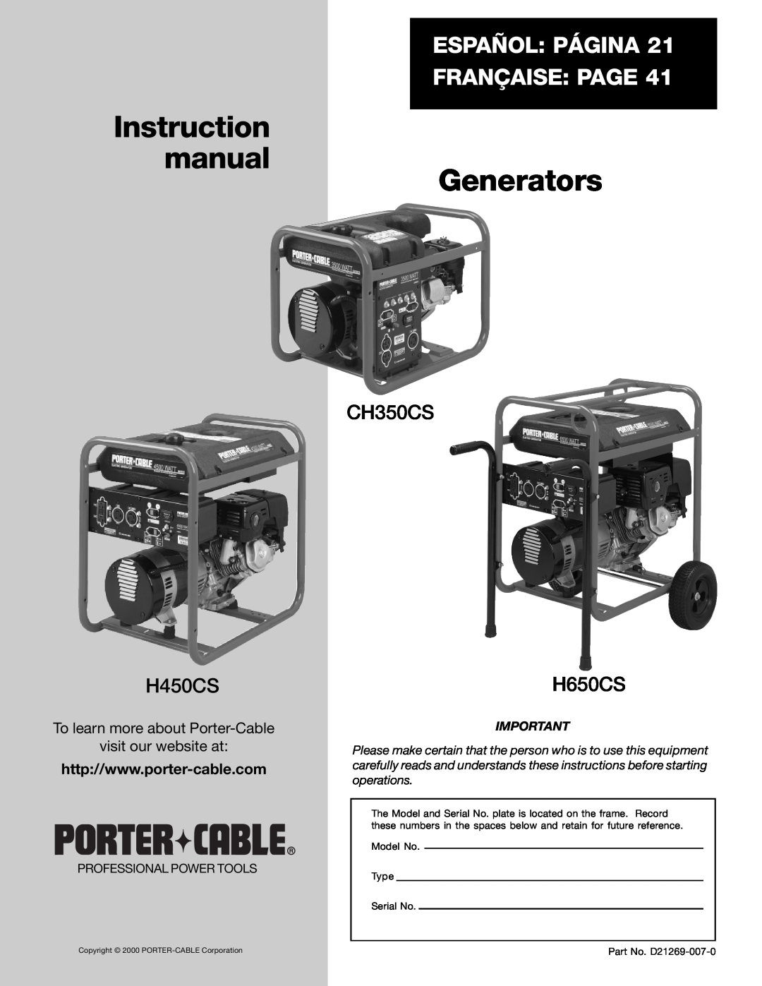 Porter-Cable H450CS, CH350CS, H650CS instruction manual Español Página Française Page, CH350CS H650CS 