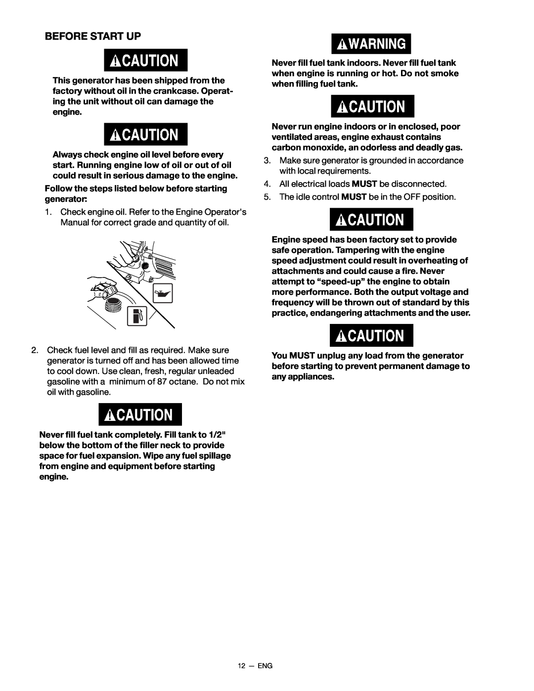 Porter-Cable CH350CS, H650CS instruction manual Before Start Up, Follow the steps listed below before starting generator 