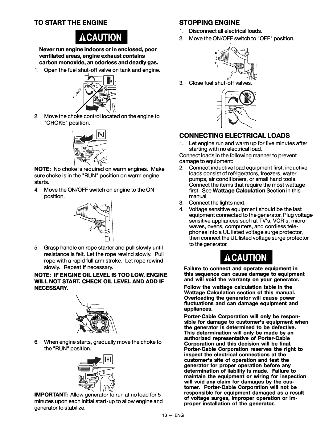 Porter-Cable H450CS, CH350CS, H650CS instruction manual To Start The Engine, Stopping Engine, Connecting Electrical Loads 