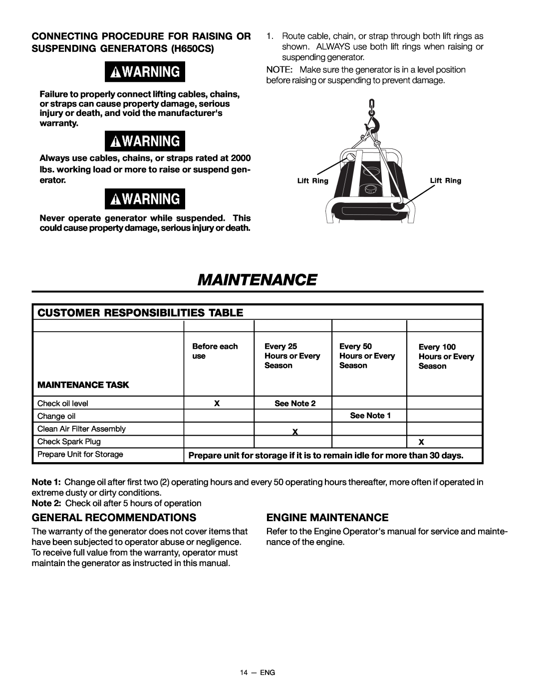 Porter-Cable CH350CS Customer Responsibilities Table, General Recommendations, Engine Maintenance, Maintenance Task 