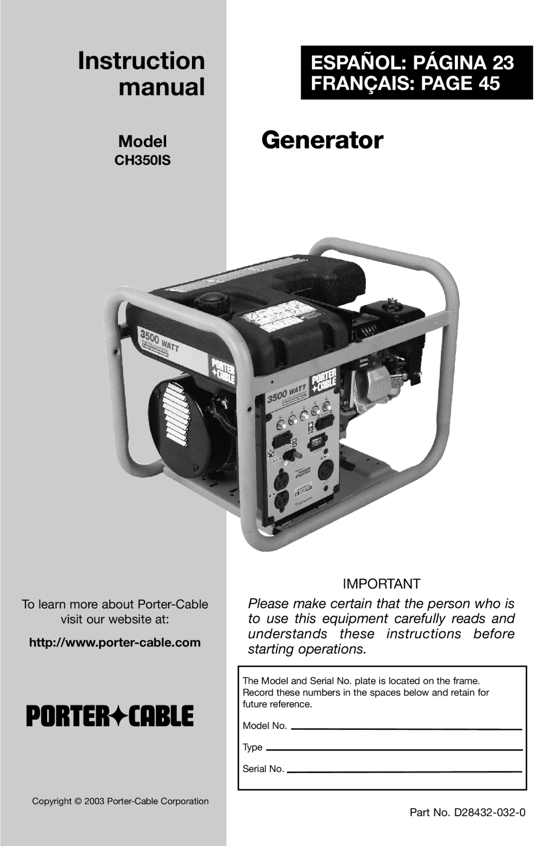 Porter-Cable CH350IS instruction manual Generator 