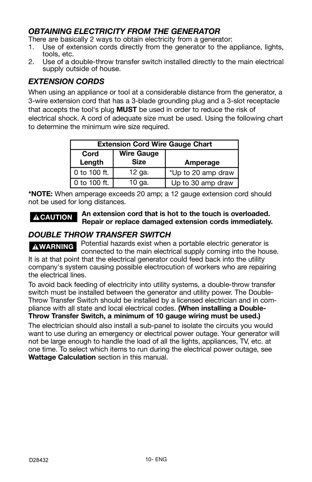 Porter-Cable CH350IS Obtaining Electricity from the Generator, Extension Cords, Double Throw Transfer Switch 