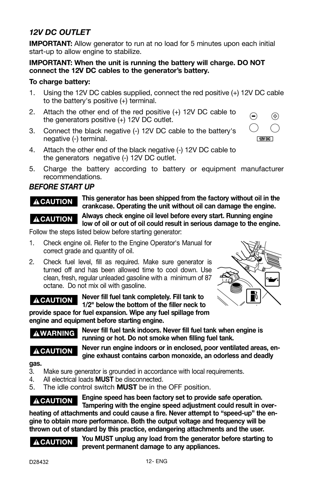 Porter-Cable CH350IS instruction manual 12V DC Outlet, Before Start UP 