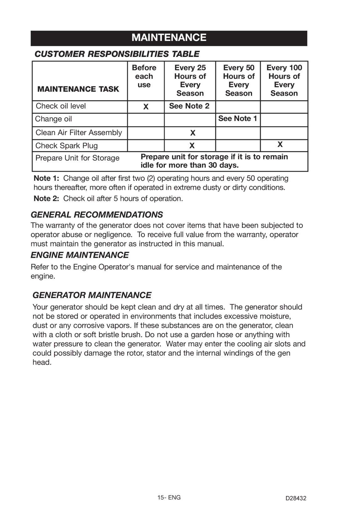 Porter-Cable CH350IS instruction manual Customer Responsibilities Table, General Recommendations, Engine Maintenance 