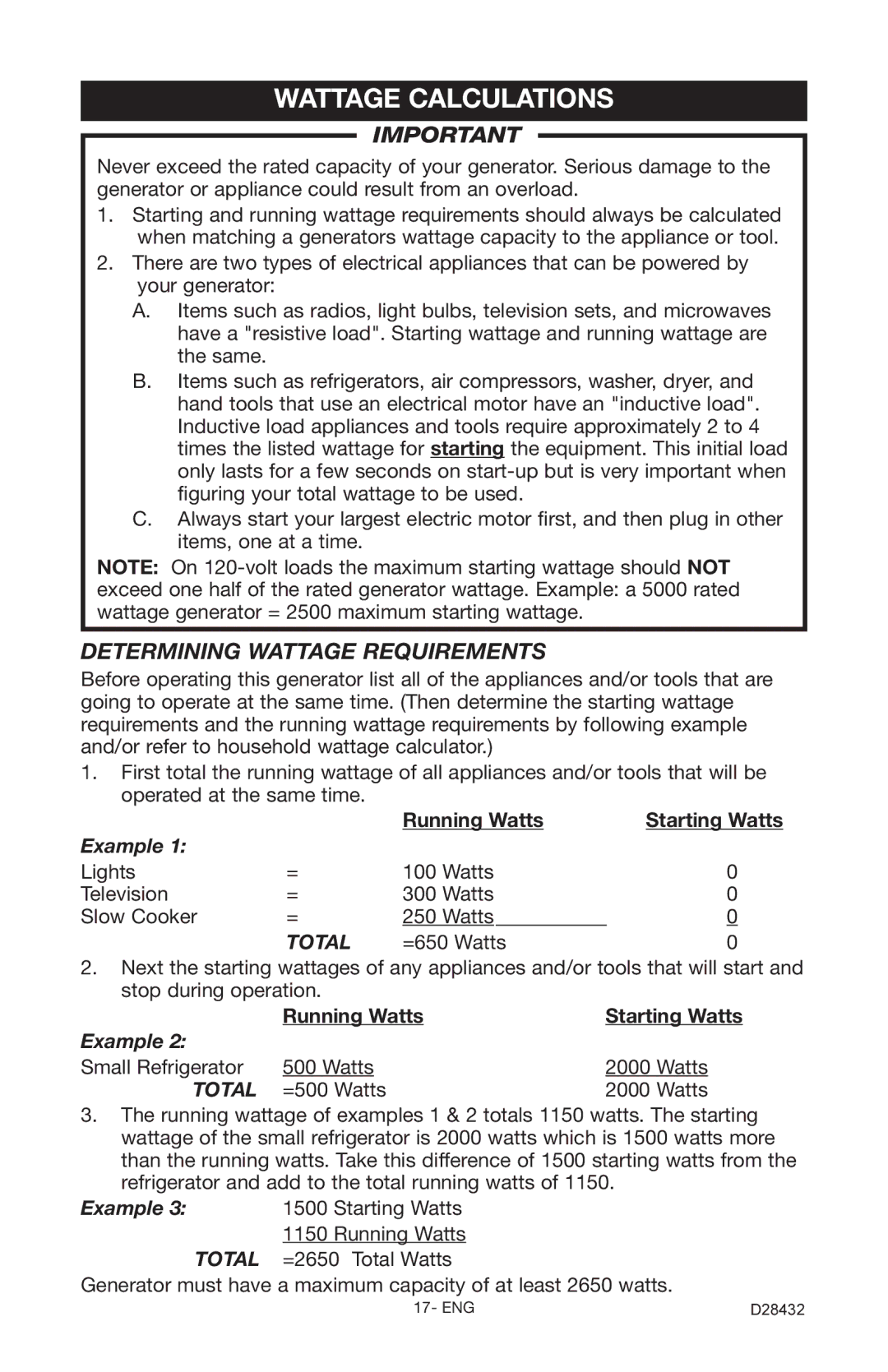 Porter-Cable CH350IS instruction manual Wattage Calculations, Determining Wattage Requirements 