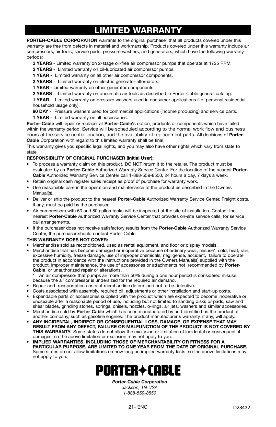 Porter-Cable CH350IS instruction manual Limited Warranty, Responsibility of Original Purchaser initial User 