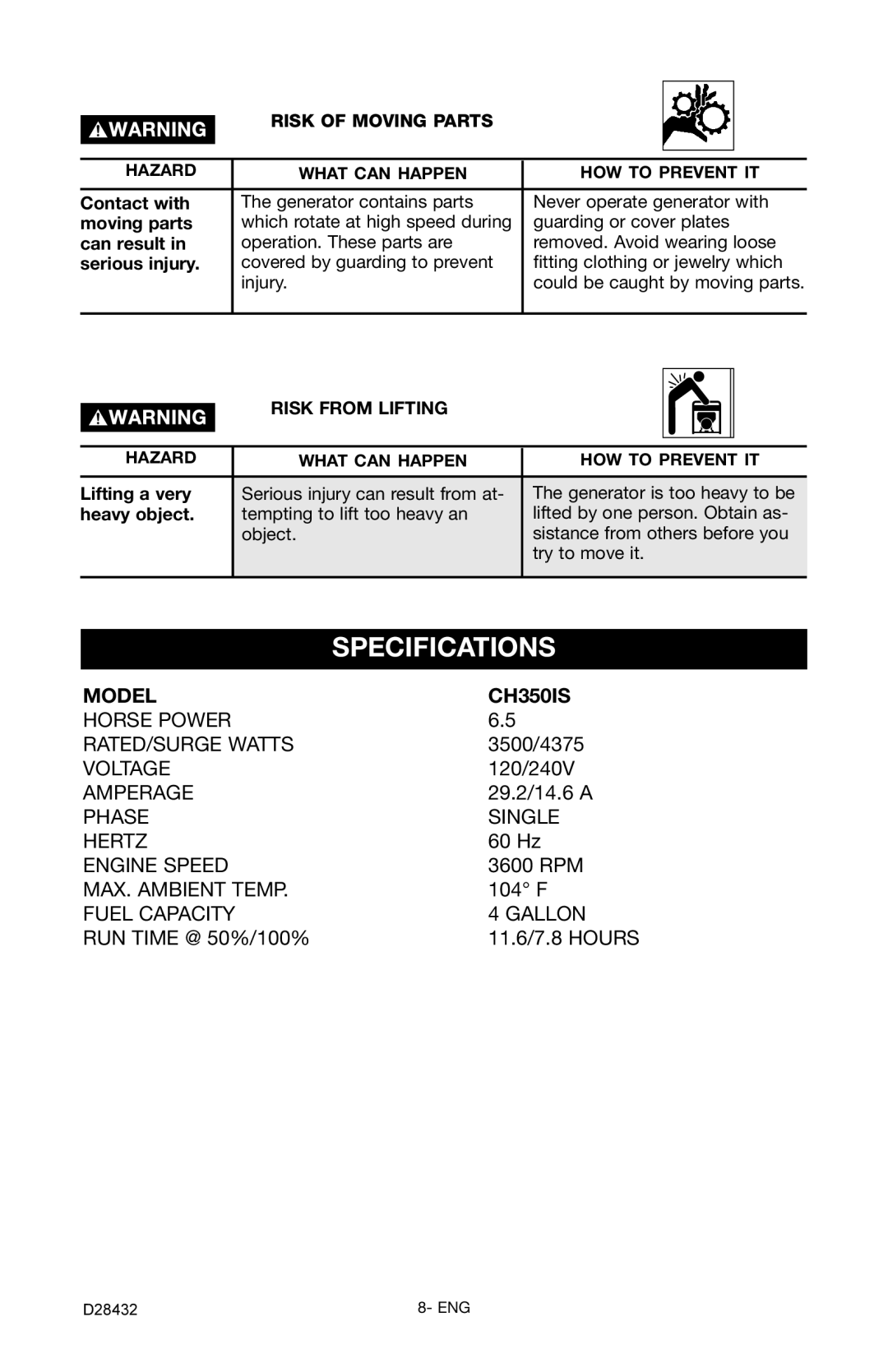 Porter-Cable CH350IS instruction manual Specifications, Risk of Moving Parts, Risk from Lifting 