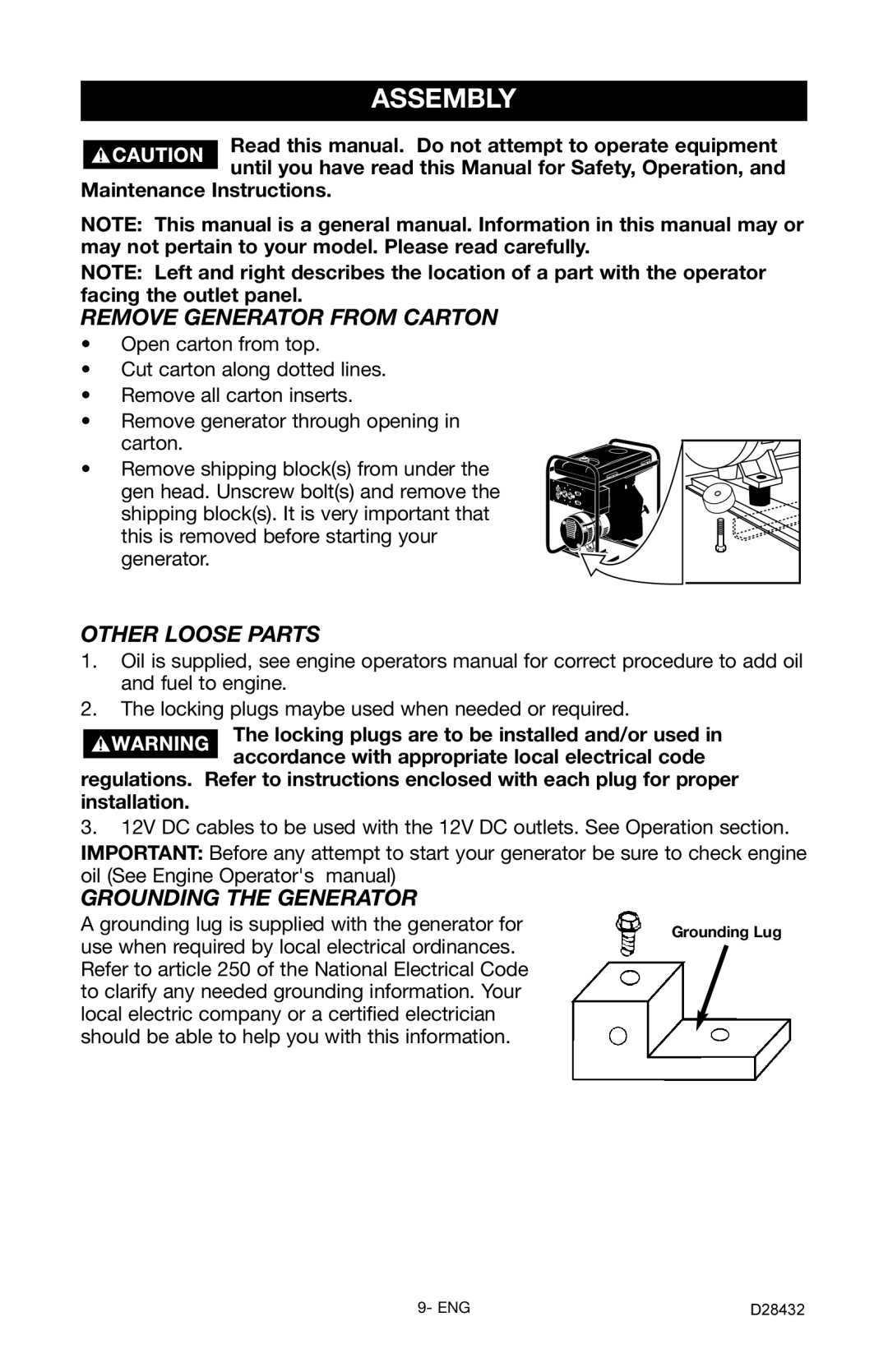 Porter-Cable CH350IS instruction manual Assembly, Remove Generator from Carton, Other Loose Parts, Grounding the Generator 