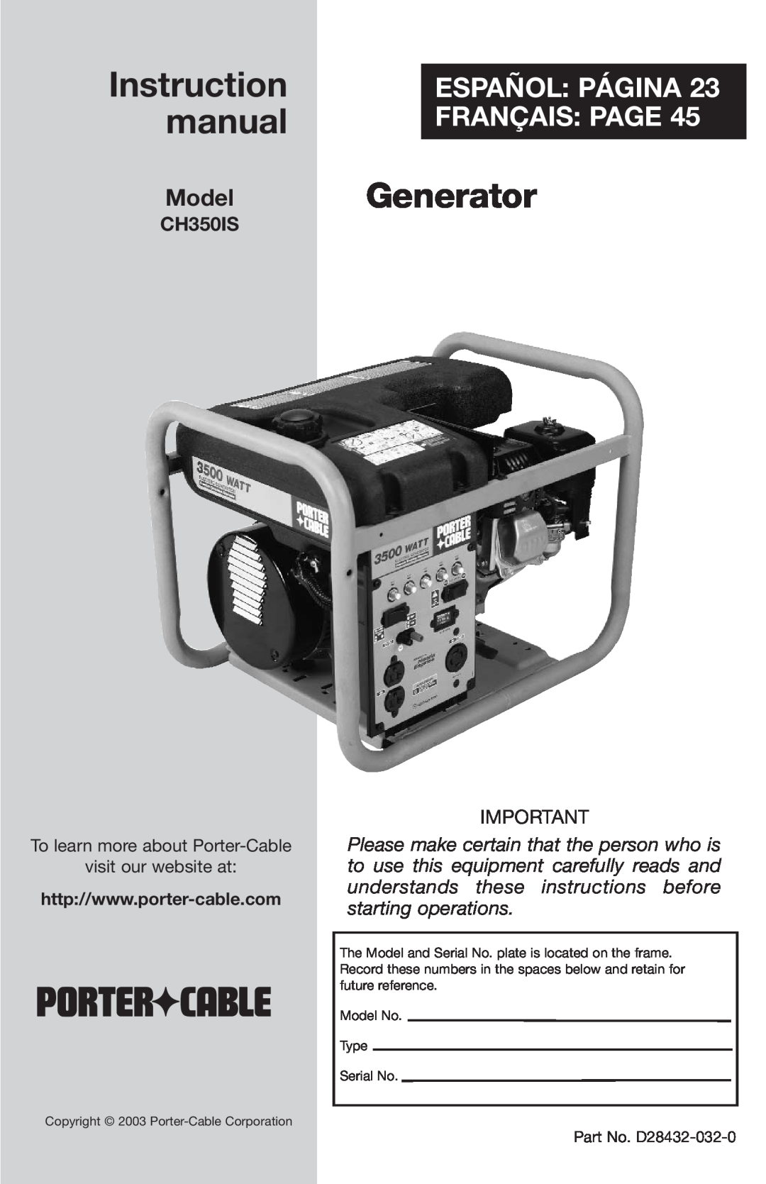 Porter-Cable CH350IS instruction manual Generator, Español Página Français Page, Model No Type Serial No 