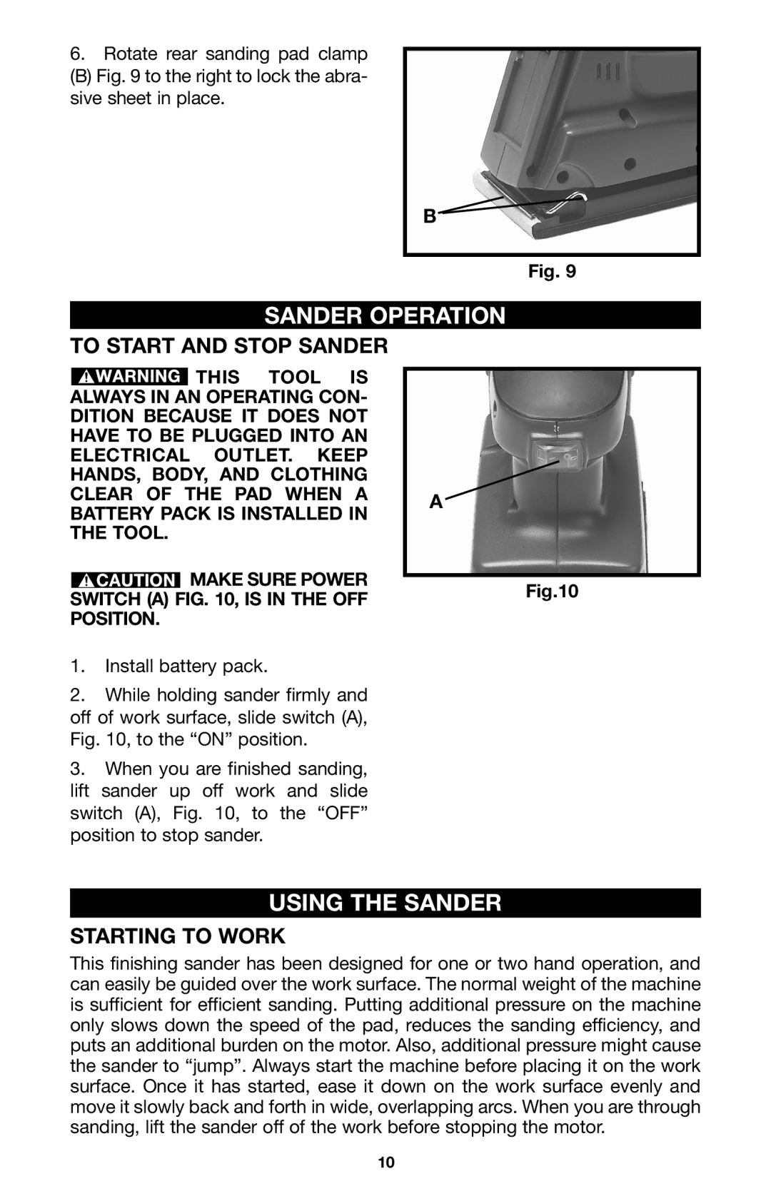 Porter-Cable CL180PS instruction manual Sander Operation, Using the Sander, To Start and Stop Sander, Starting to Work 