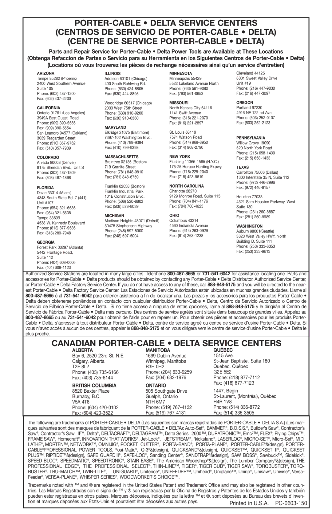 Porter-Cable CL180PS instruction manual Canadian PORTER-CABLE Delta Service Centers 