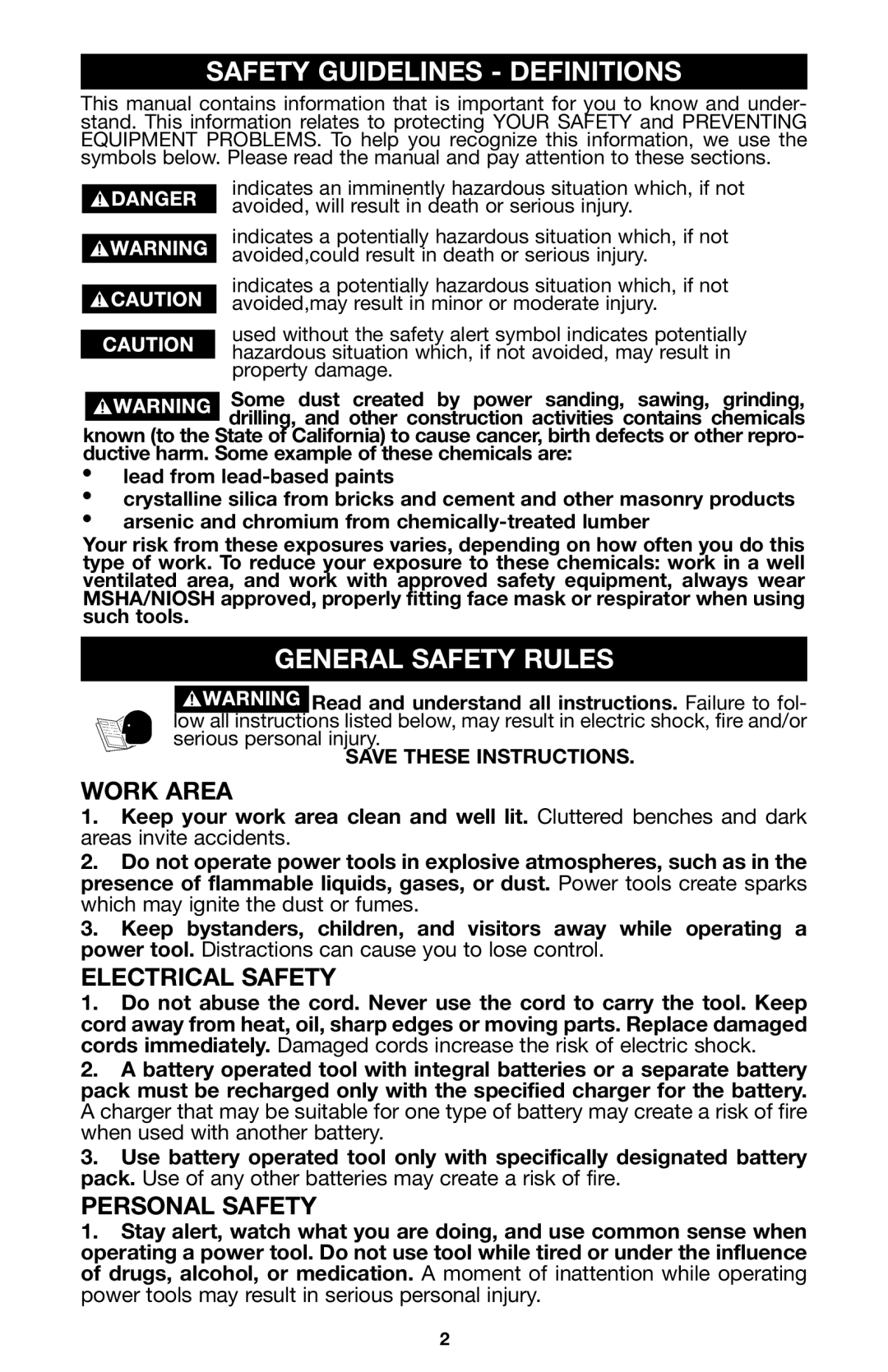 Porter-Cable CL180PS Safety Guidelines Definitions, General Safety Rules, Work Area, Electrical Safety, Personal Safety 