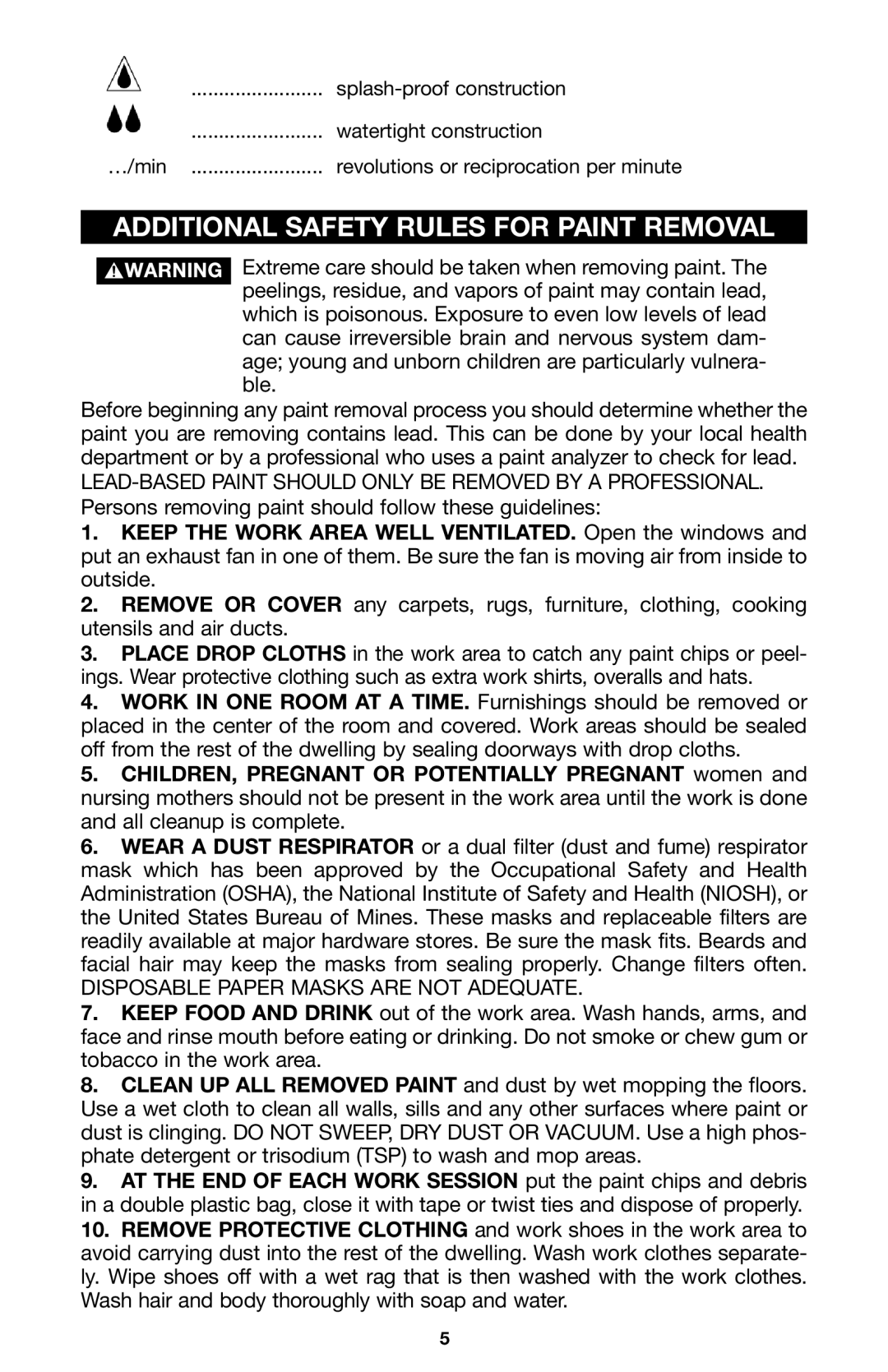 Porter-Cable CL180PS instruction manual Additional Safety Rules for Paint Removal, Disposable Paper Masks are not Adequate 