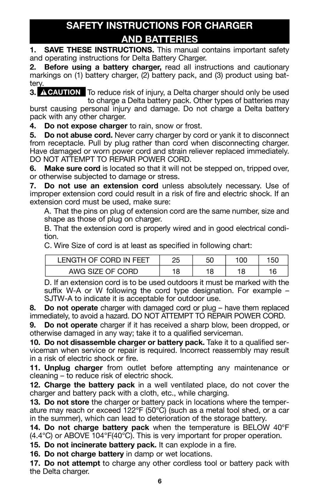 Porter-Cable CL180PS Safety Instructions for Charger Batteries, Do not expose charger to rain, snow or frost 