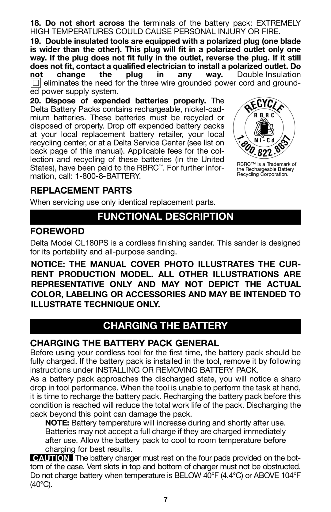 Porter-Cable CL180PS instruction manual Functional Description, Charging the Battery, Replacement Parts, Foreword 