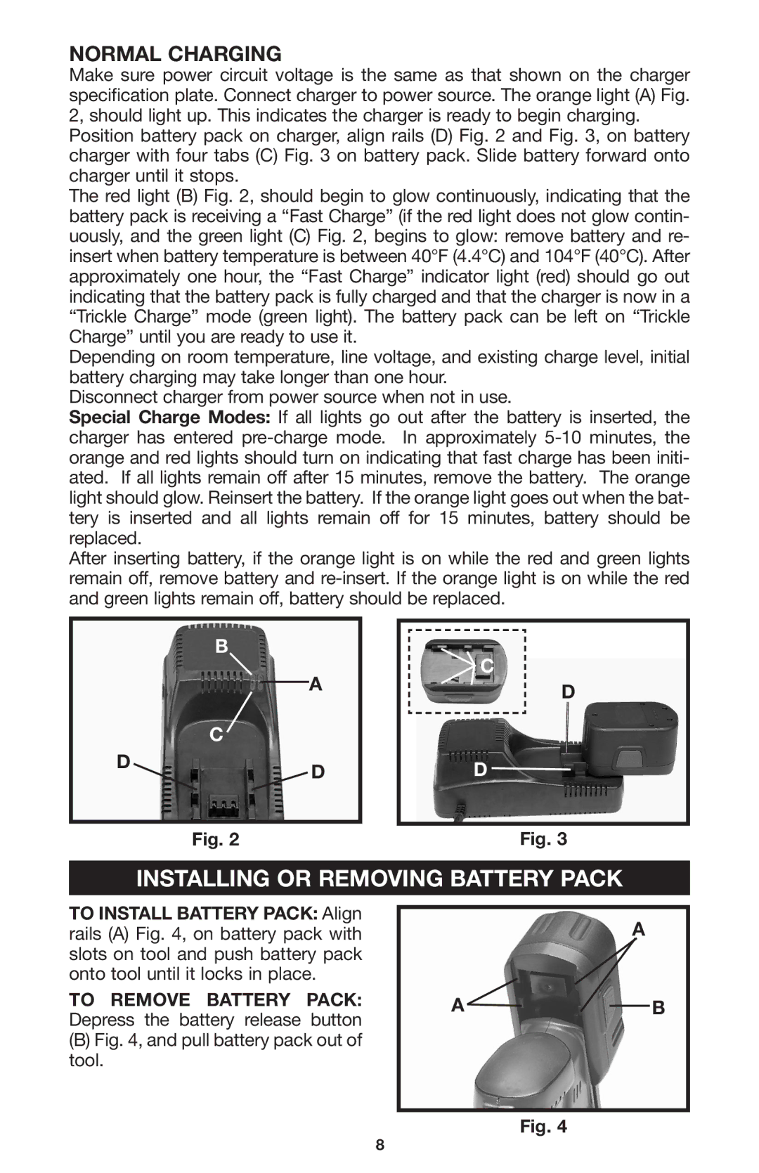 Porter-Cable CL180PS instruction manual Installing or Removing Battery Pack, Normal Charging 