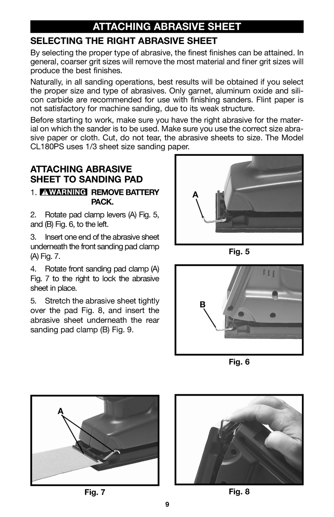 Porter-Cable CL180PS instruction manual Selecting the Right Abrasive Sheet, Attaching Abrasive Sheet to Sanding PAD 