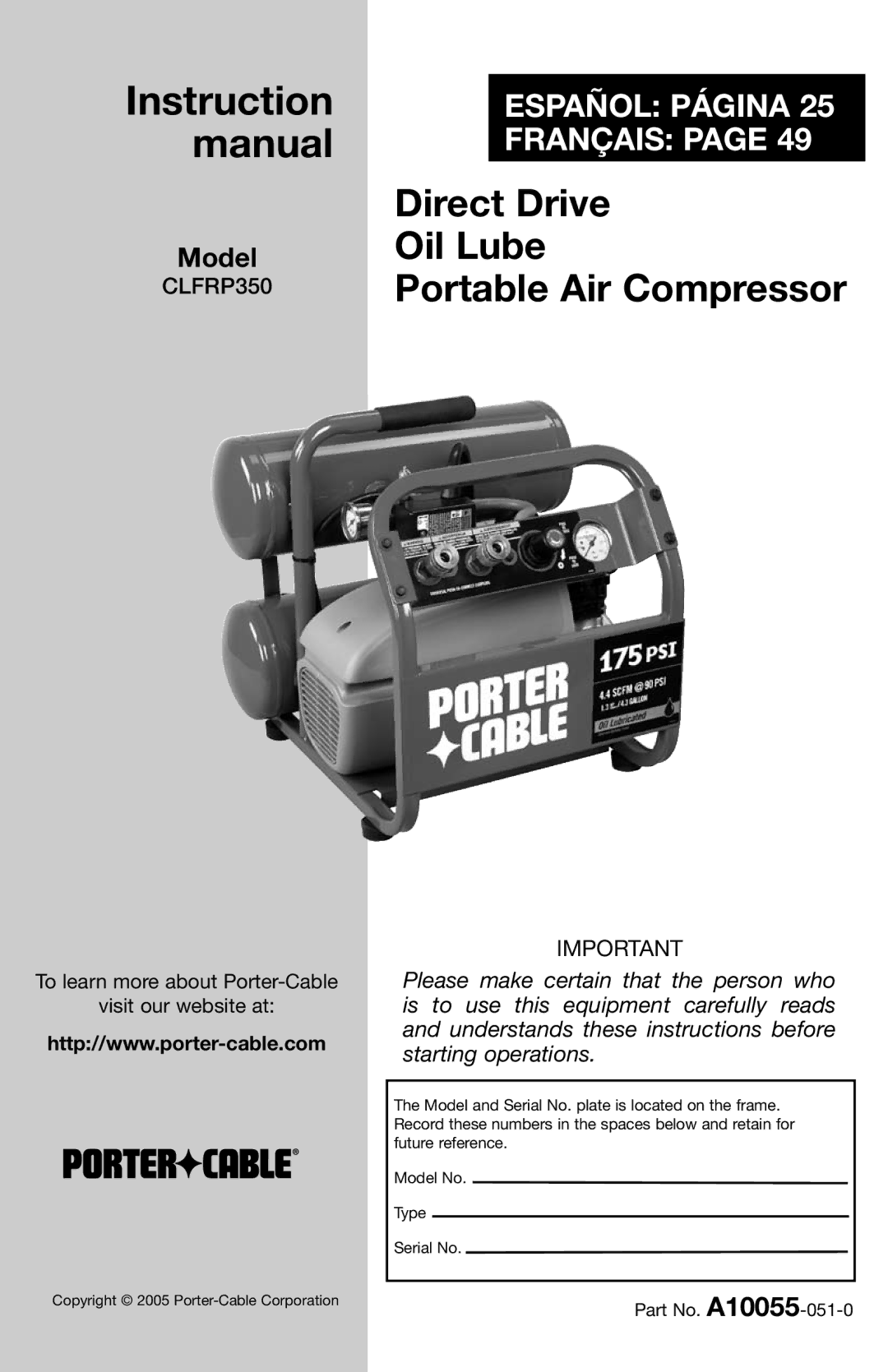 Porter-Cable CLFRP350 instruction manual Direct Drive Oil Lube Portable Air Compressor 