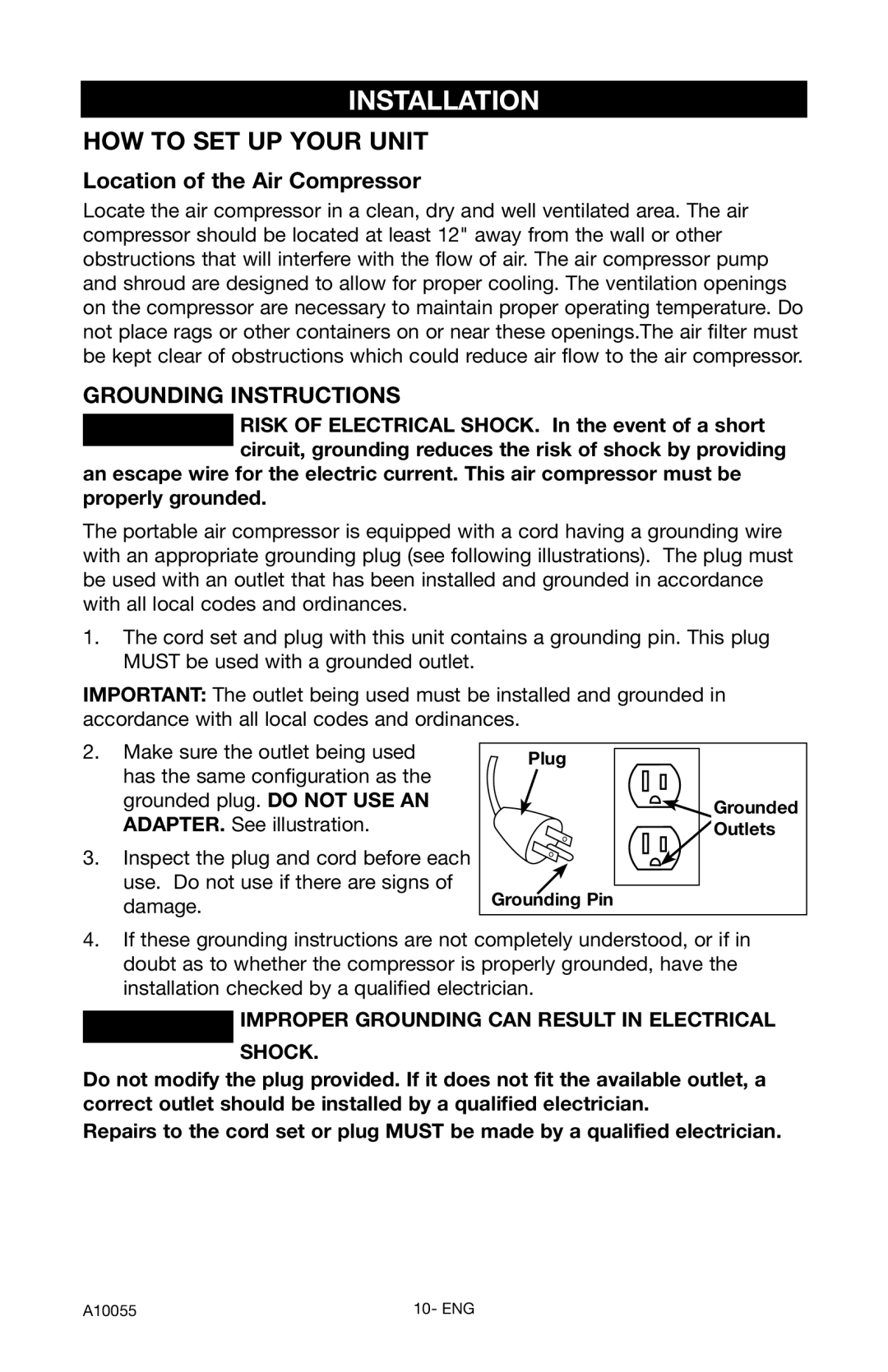 Porter-Cable CLFRP350 instruction manual Installation, Location of the Air Compressor, Plug, Outlets, Grounding Pin 