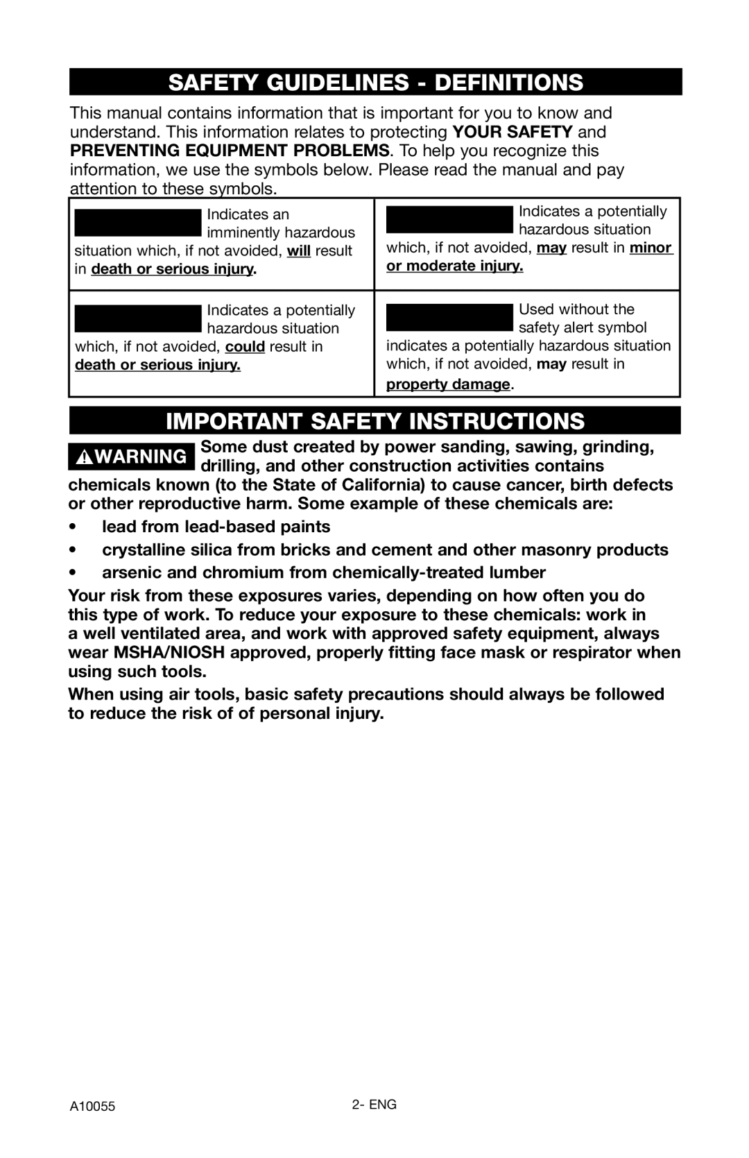 Porter-Cable CLFRP350 Safety Guidelines Definitions, Important Safety Instructions, Death or serious injury 