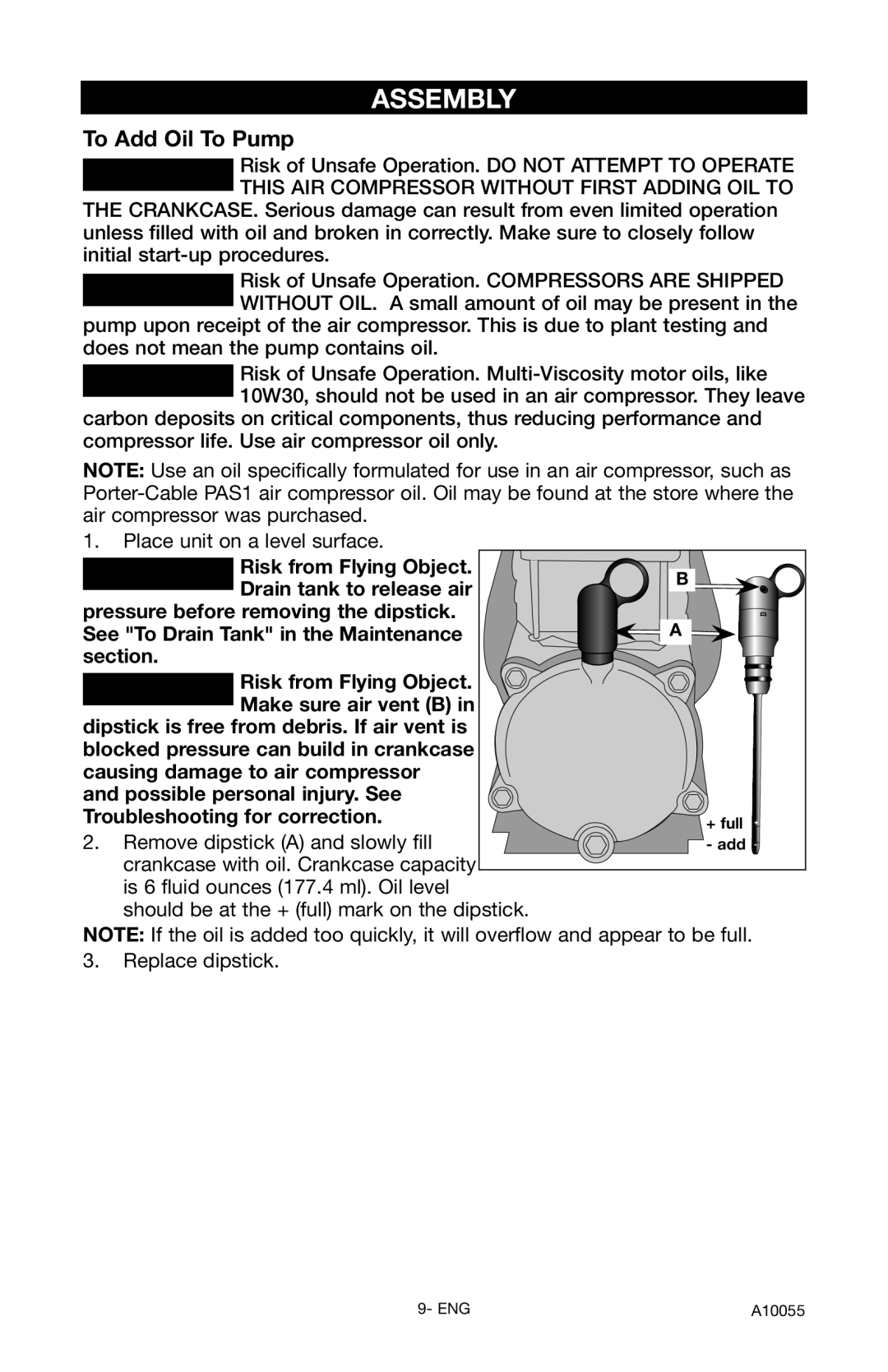 Porter-Cable CLFRP350 instruction manual Assembly, To Add Oil To Pump 