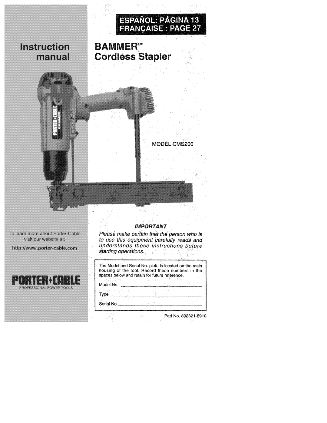 Porter-Cable 892321-8910, CMS200 manual 