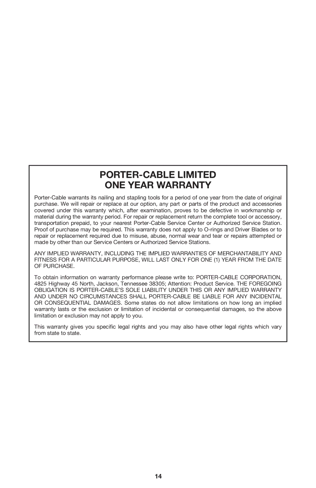 Porter-Cable COIL250 instruction manual PORTER-CABLE Limited ONE Year Warranty 