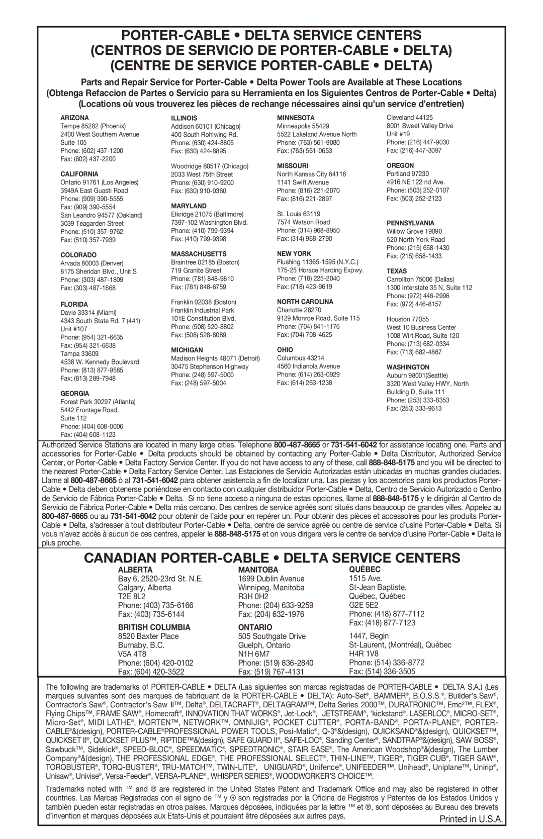 Porter-Cable COIL250 instruction manual Canadian PORTER-CABLE Delta Service Centers 