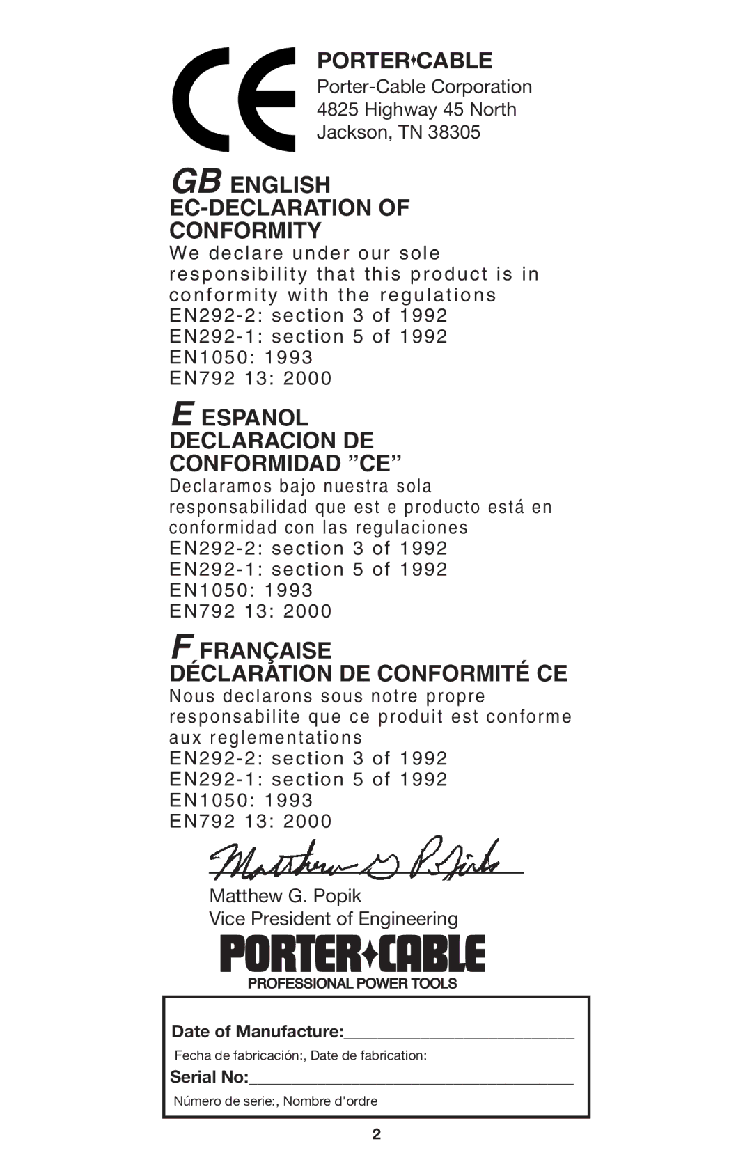 Porter-Cable COIL250 instruction manual Portercable 