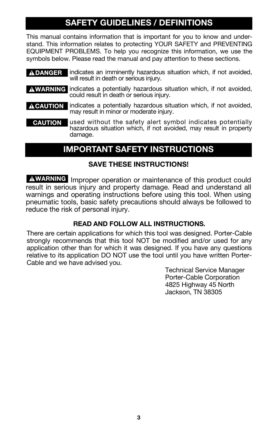 Porter-Cable COIL250 instruction manual Safety Guidelines / Definitions, Important Safety Instructions 